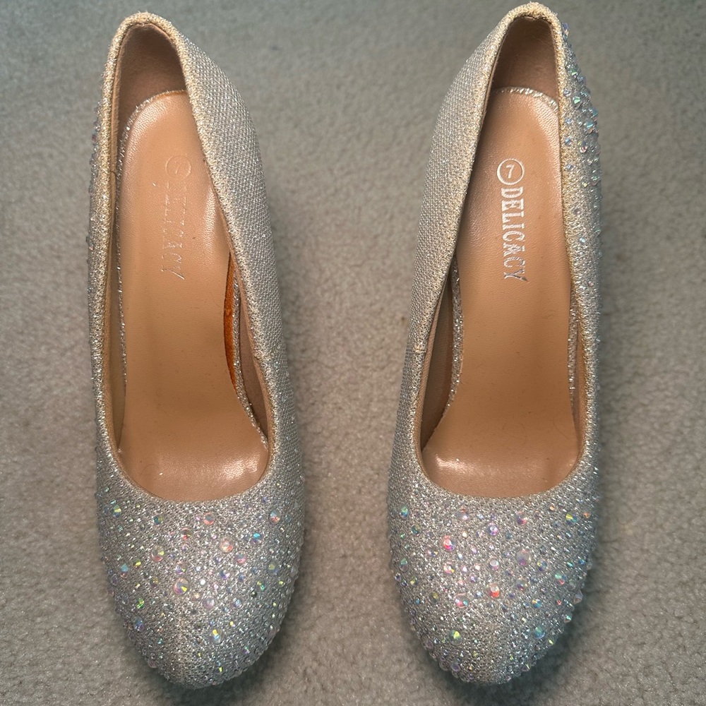 Delicacy silver glitter rhinestone heels pumps prom shoes size 7